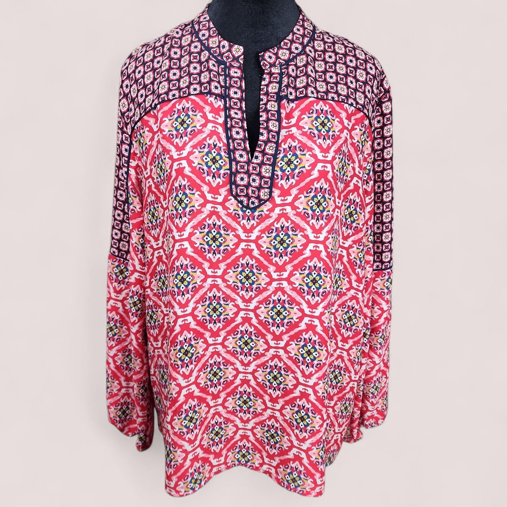 LOFT | Wearable Art Geometric Pink Black Pattern Lightweight V-Neck Tunic | XL